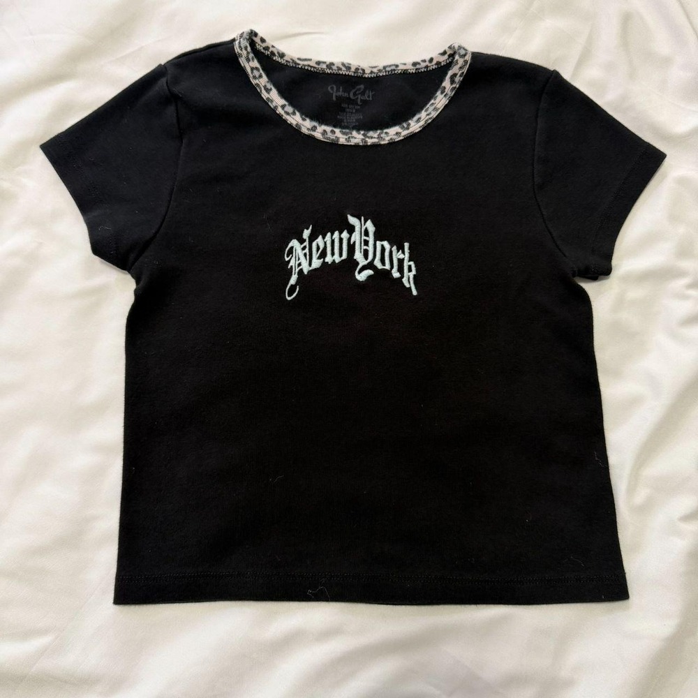 Brandy Melville John Galt Black New York Leopard Trim Baby Tee Y2K Cropped Top